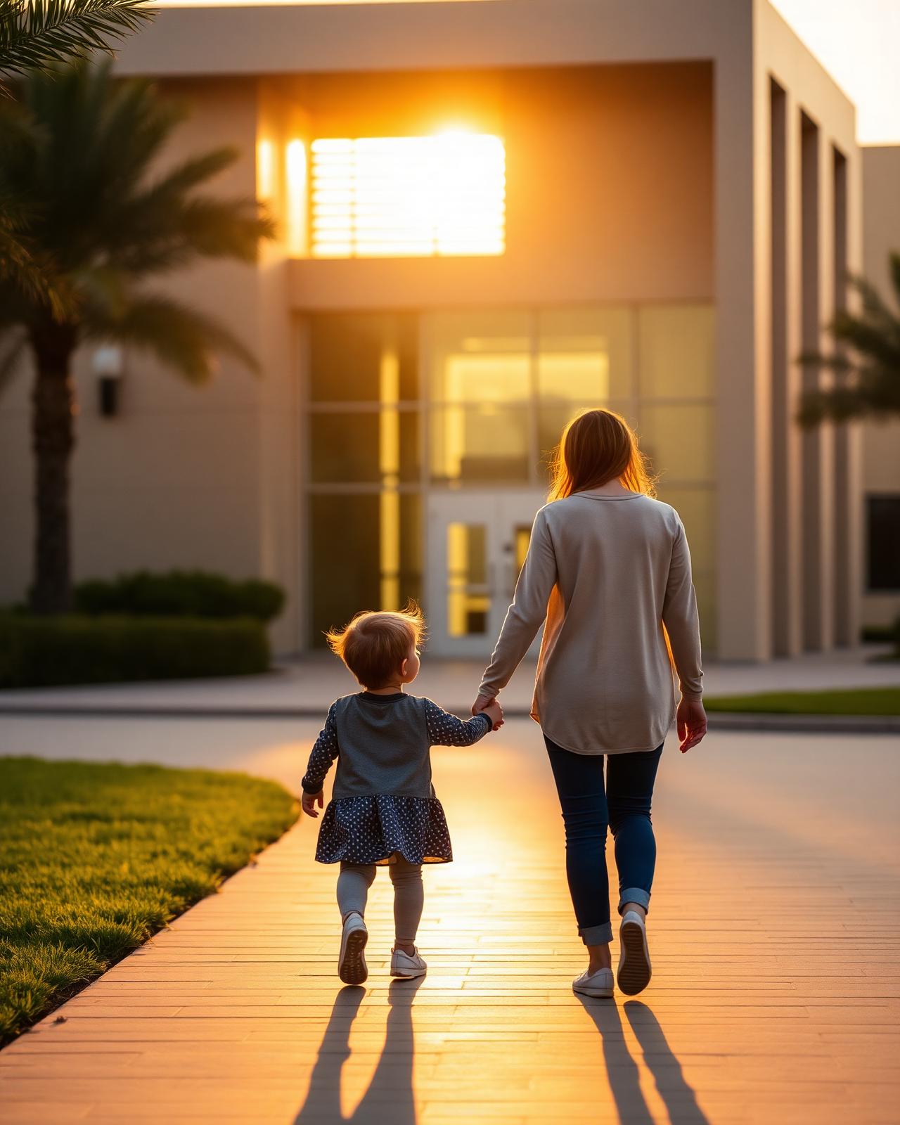 A mother walking her young child toward a modern school building in Dubai at golden hour